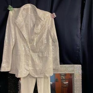 White casual solid sequins patchwork pant suit.